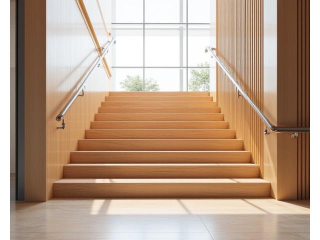Sleek, minimalistic wooden staircase in a modern office building lobby with glass balustrades and natural light.
