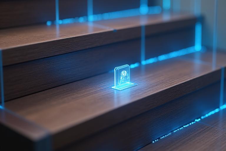 Abstract depiction of safety features on a staircase, perhaps a glowing outline of a non-slip surface, or a subtle shield icon integrated into the design.